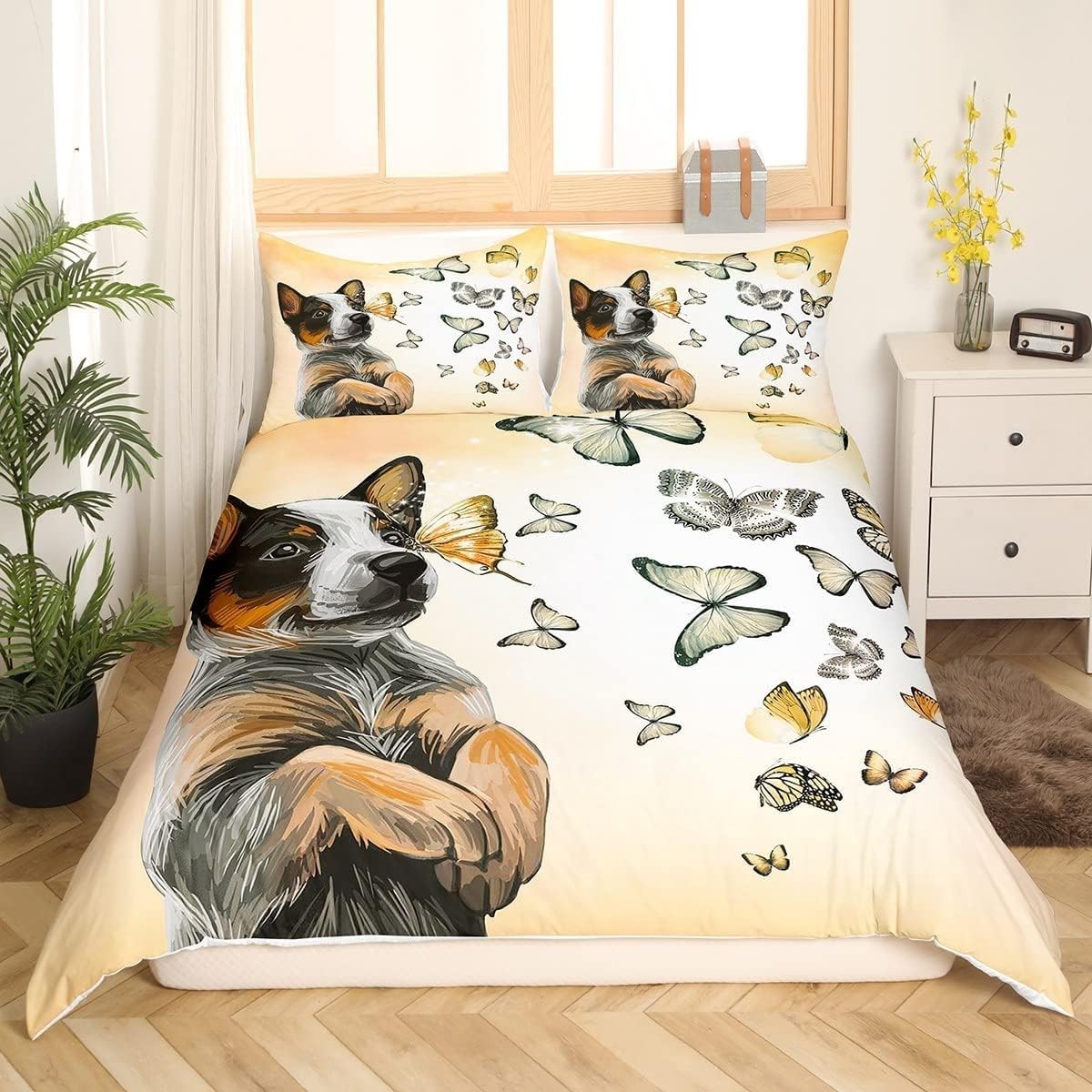 Parure de lit 220x240 chien et papillon en microfibre douce avec 2 taies