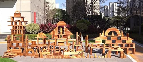Miniatura 3 de Juego de bloques de construcción grandes de madera carbonizada sólida vintage para niños de 3 a 12 años al aire libre (57 unidades, 10.7 libras),