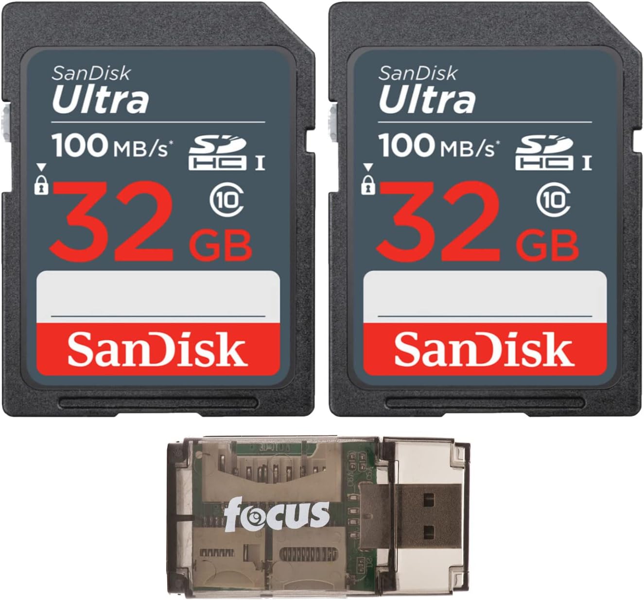 SanDisk 32GB Ultra SDHC UHS-I Memory Card (2-Pack) with All-in-One High Speed USB 2.0 Card Reader Bundle (3 Items)