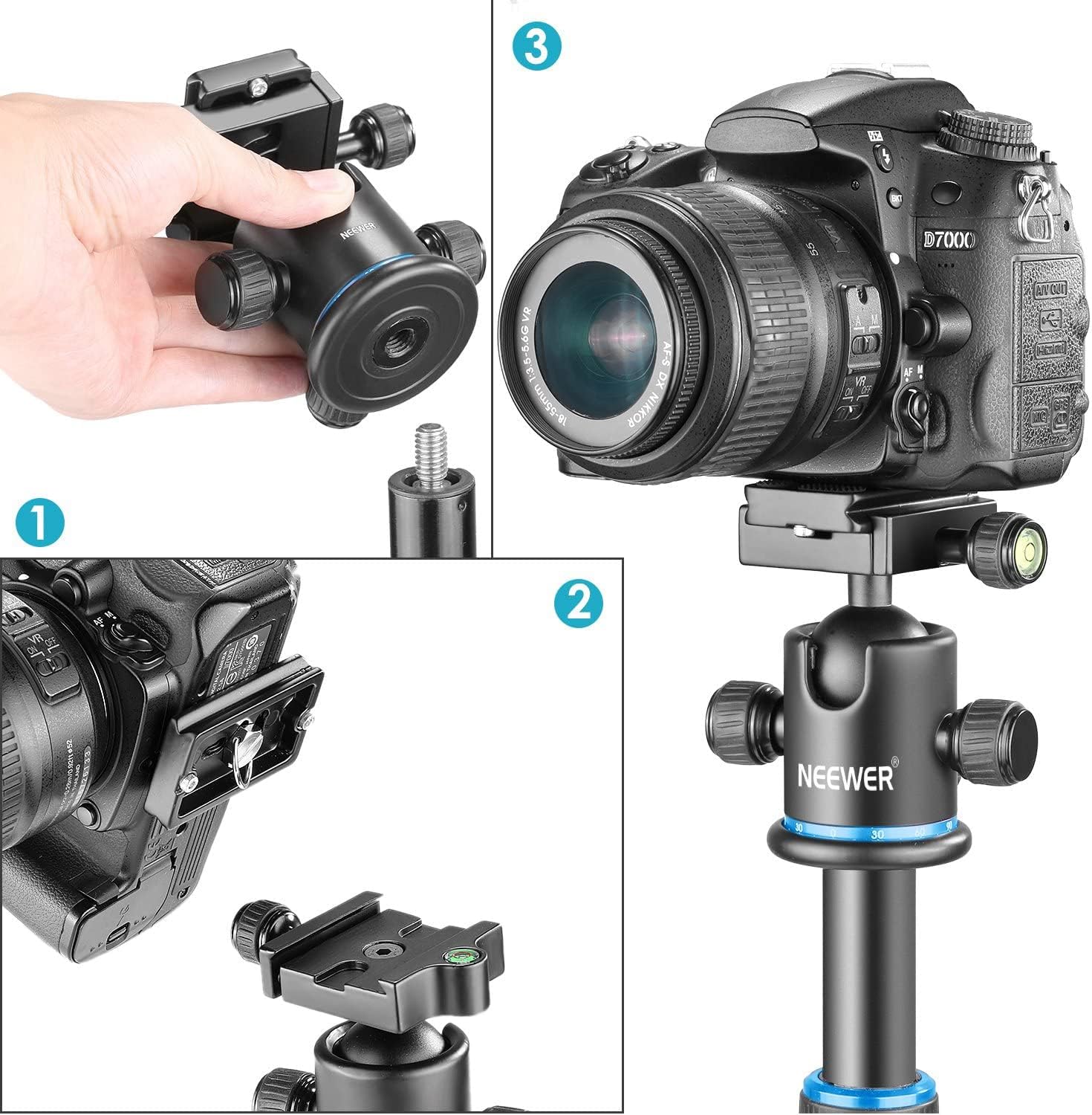 NEEWER 36MM Tripod Ball Head 360° Panoramic Metal with Arca Type Quick Release Plate, 1/4" Screw 3/8" Thread Mount, Max Load 17.6lb/8kg, Tripod Head for Monopod, Slider, DSLR Camera, Camcorder (Blue)