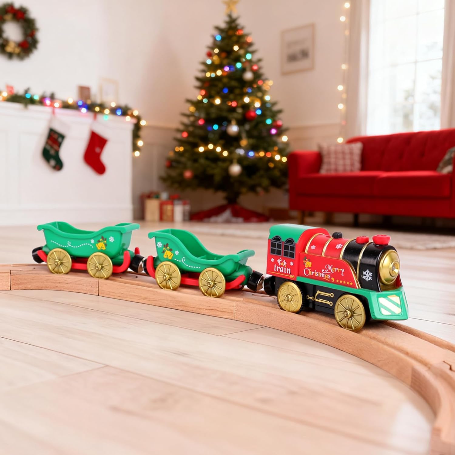 Christmas Train Set for Wooden Tracks, Battery Powered Engine Locomotive Train with Lights, Sounds & Christmas Music,Electric Motorized Train Toy Gift for Toddlers Kids