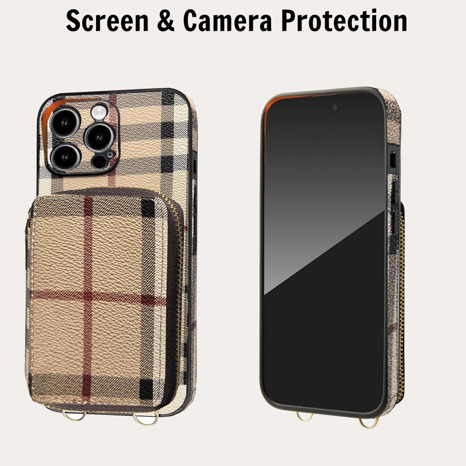 Compatible with iPhone 16 Pro Max Wallet Case with Card Holder, Luxury Classic Leather Zipper Crossbody Lanyard Flip Cash Phone Purse Cover for Women 5G 6.9 Inch Khaki - Image 5