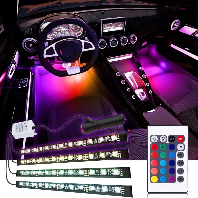Tira de luces LED para auto, EJ's SUPER CAR 4 piezas 48 luces LED multicolor para interior de auto, kit impermeable con cambio multimodo y control remoto inalámbrico, cargador de auto incluido, DC 12 V