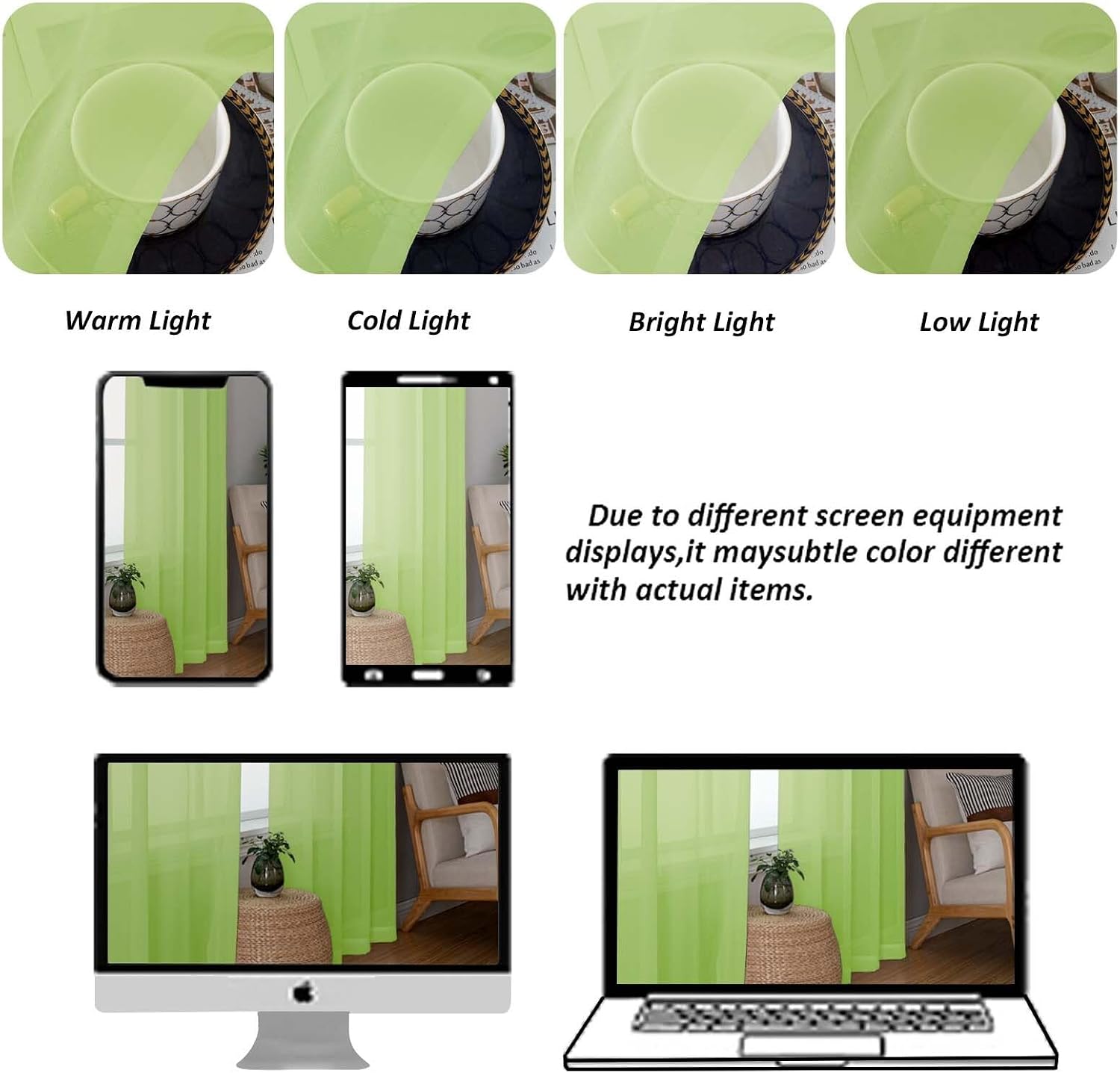  Sheer Valances for Windows, Light Filtering Small Window Curtains for Living Room Bathroom Cafe Laundry Basement, Modern Top Dual Rod Pocket Voile Curtain, 42Wx14L inches, Lime, 2 Pieces thumbnail