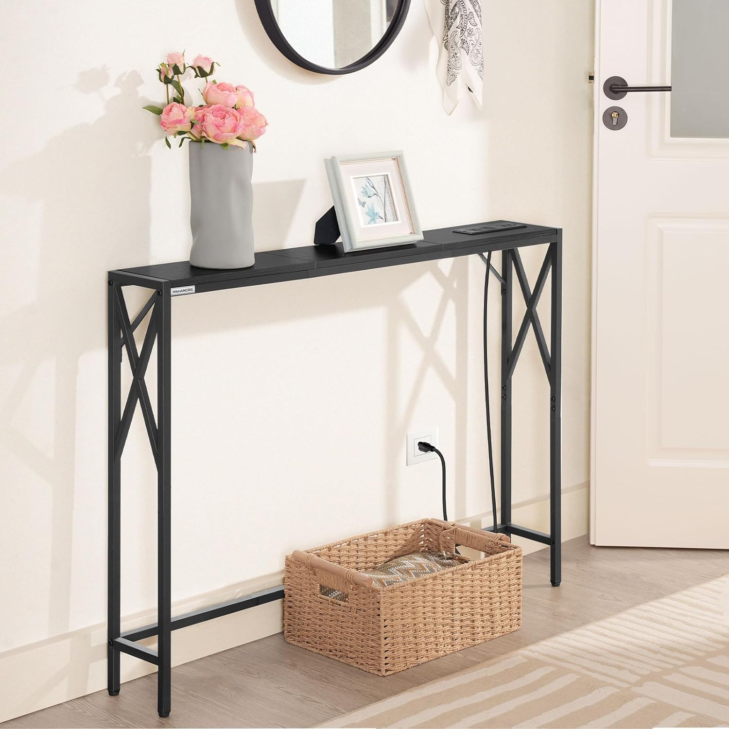 MAHANCRIS 39.4” Narrow Sofa Table with Charging Station, Skinny Console Table, Slim Entryway Hallway Couch Table, for Entrance, Foyer, Living Room, Hallway, Black CTHB151E01
