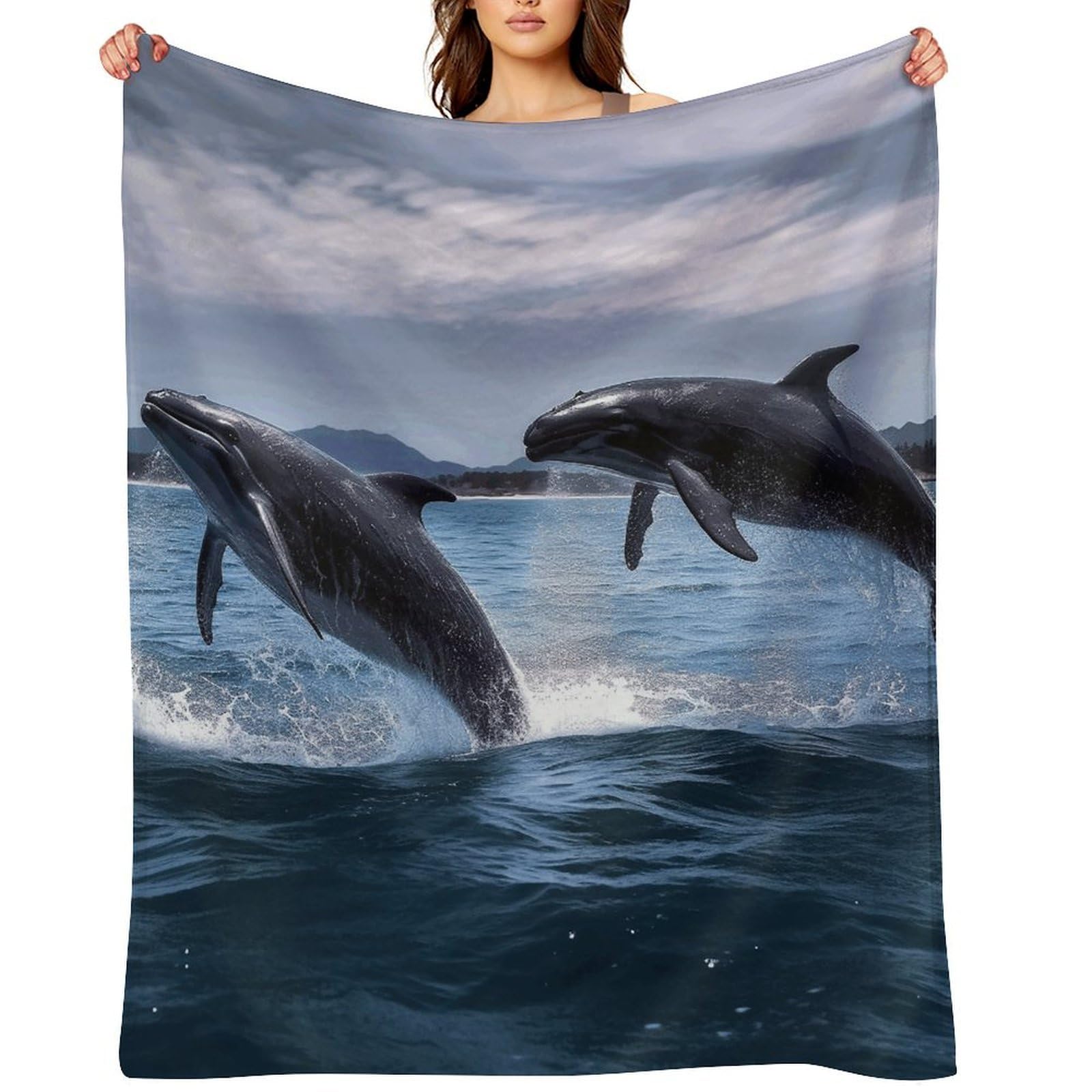Flannel Fleece Throw Blanket - 50"x60" Super Soft Plush,Lightweight Wrinkle Resistant Cozy Jumping Whales Blanket for Couch Sofa Bed Travel Camping and Gift