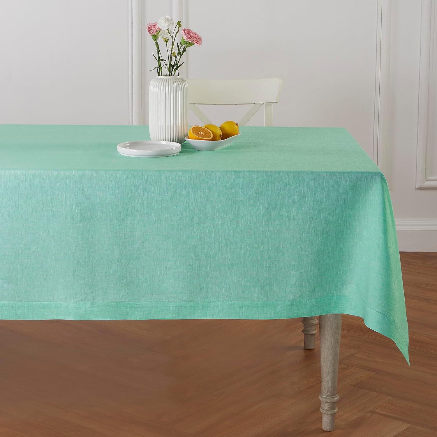 Solino Home Linen Cloth Tablecloth 52 x 52 Inch - 100% Pure Linen Chambray Aqua Square Tablecloth - Athena, Machine Washable Table Throw