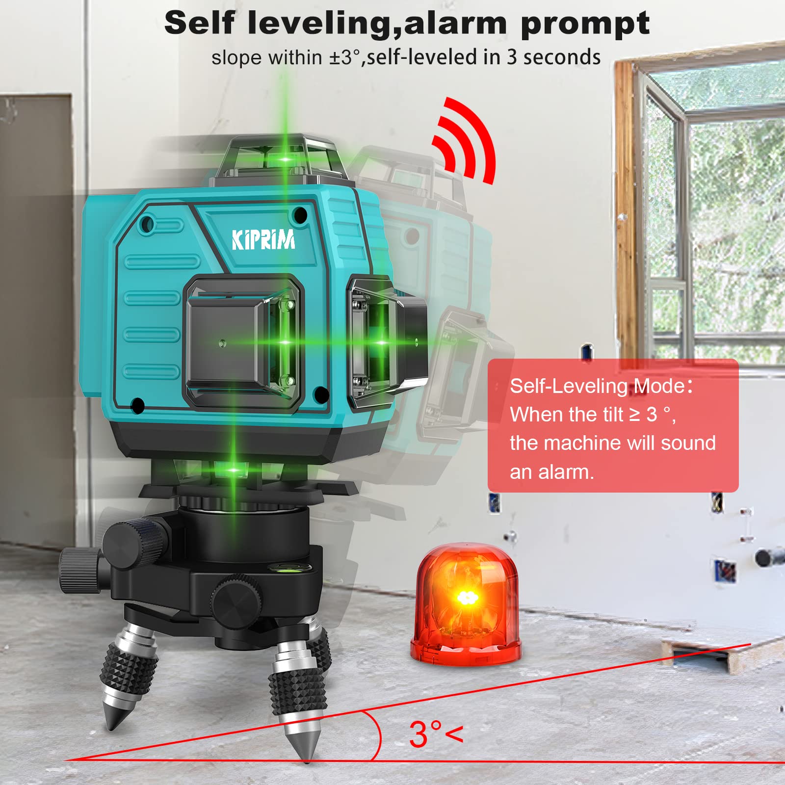 Niveau Laser 4 * 360° Kiprim LV4D 16 Lignes Niveau Laser Autonivelant 40M avec 3 Modes Accessoires Divers pour Chantier