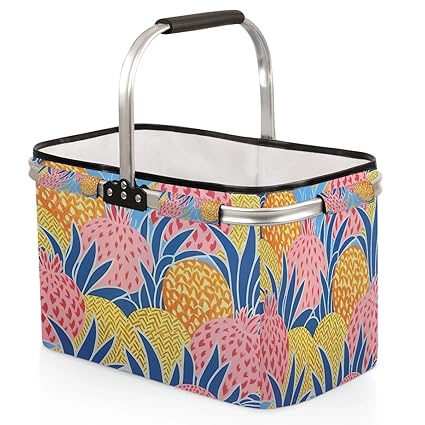 Kizmoglux Summer Pineapple Drawing Collapsible Market Basket, Foldable Picnic Basket - Large Shopping Basket with Handles, Portable Folding Bag for Shopping Camping Picnic