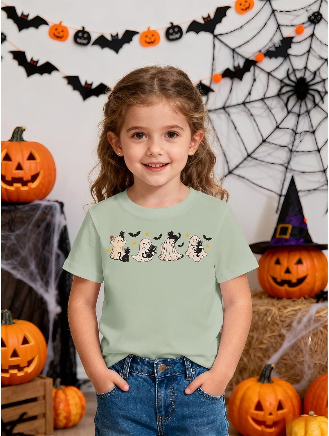 MODNTOGA Halloween Shirt Toddler Girl Cute Ghost T-Shirt Kids Ghost Black Cat Outfit Top Spooky Season Short Sleeve Fall Tee - Image 5