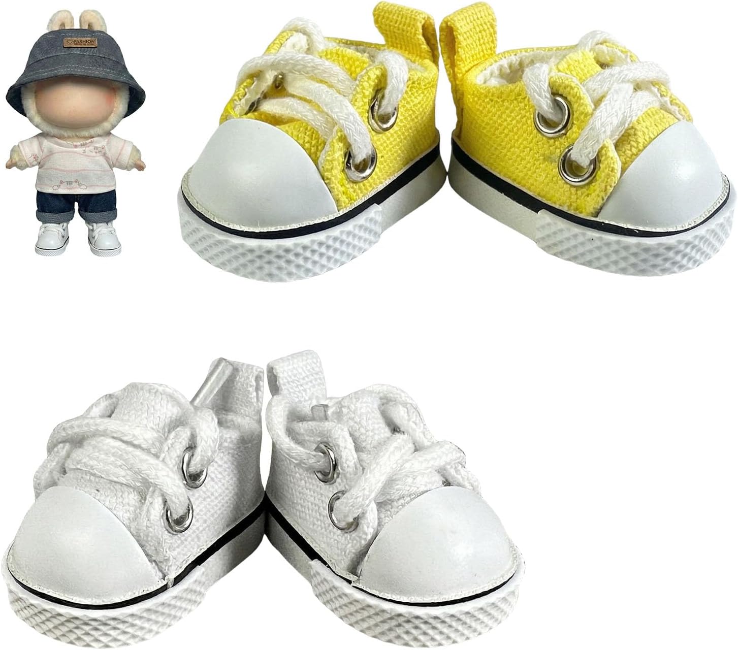 2 Pairs 17cm Doll Shoes, Lace-Up Canvas Sneakers Mini Shoes for 17cm Dolls, Fingerboard Shoes, Mini Finger Shoes, Clothing Accessory for 6.7in Dolls (White & Yellow)