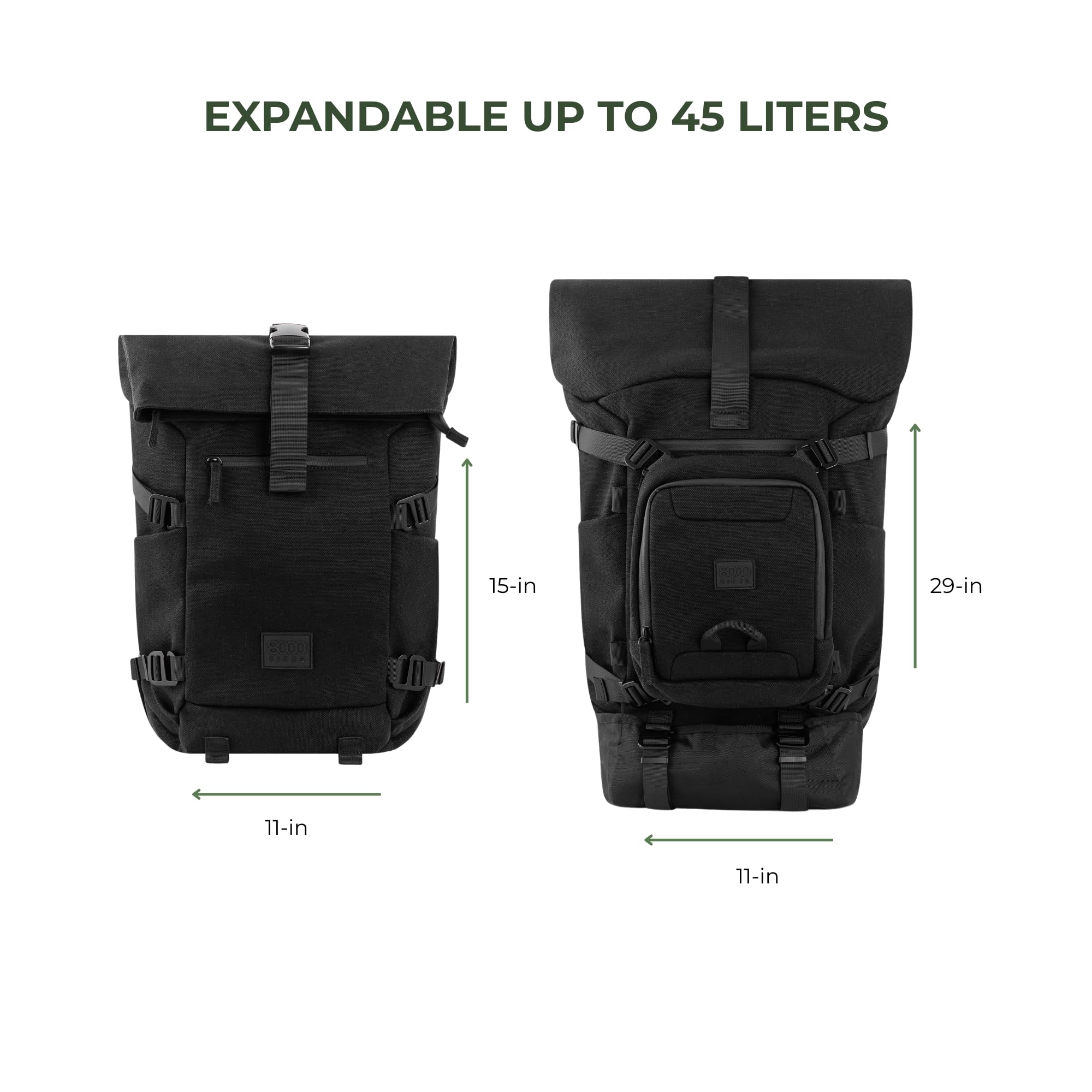 8000Kicks NOMAD - Zaino 3 in 1 in canapa per nomadi, Total black, Kleine