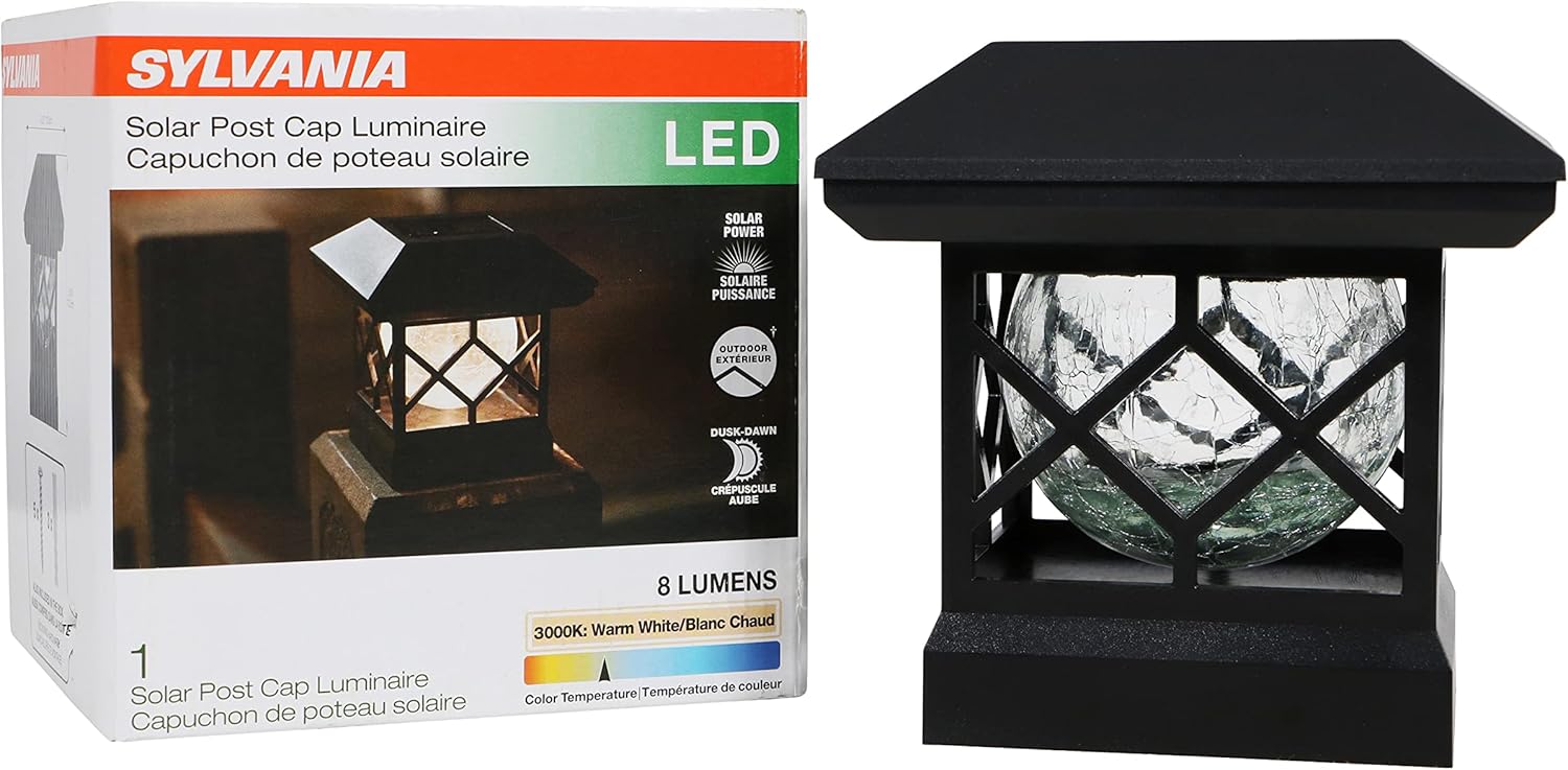 Sylvania Solar Fence Top Mount Luminaire with Daylight Sensor, LED and Battery Included, 8 lm, 3000K, Warm White, Black Finish - 1 Pack (62411)