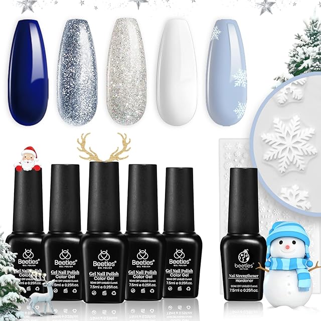 Beetles Christmas Gel Nail Polish Set- Glitter White Gel Polish Kit Soak off LED Nail Lamp Blue Silver Gel Polish Gift with Strengthener Reinforcement Nail Sticker Snowflakes Christmas Decoration Gift