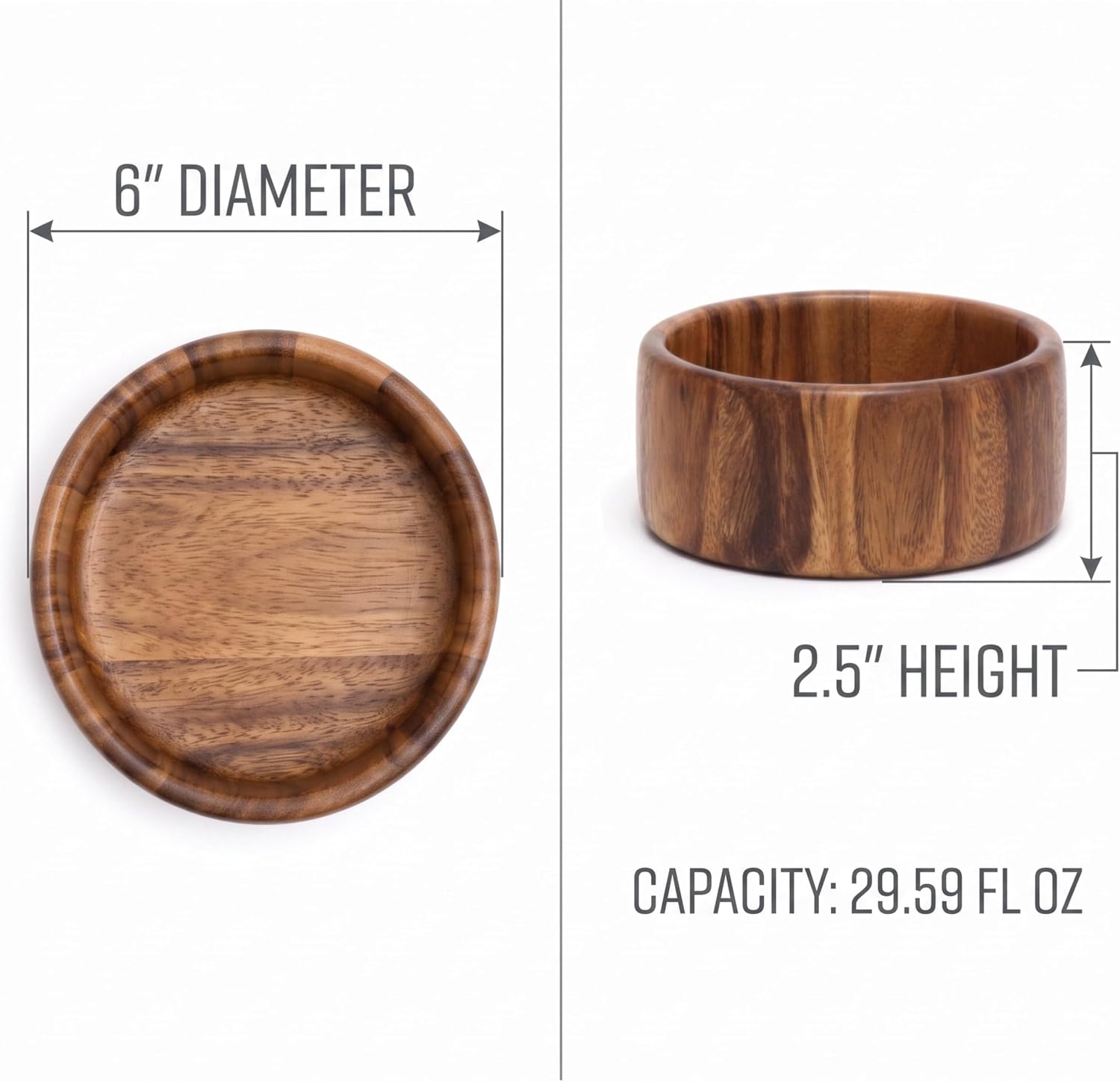 Lipper International Acacia Wood Straight-Side Bowl for Salads, Fruits, Popcorn, or Decor, Small, 6" Diameter x 2.5" Height, 29.59 Fl. Oz., Set of 4 Bowls image 3