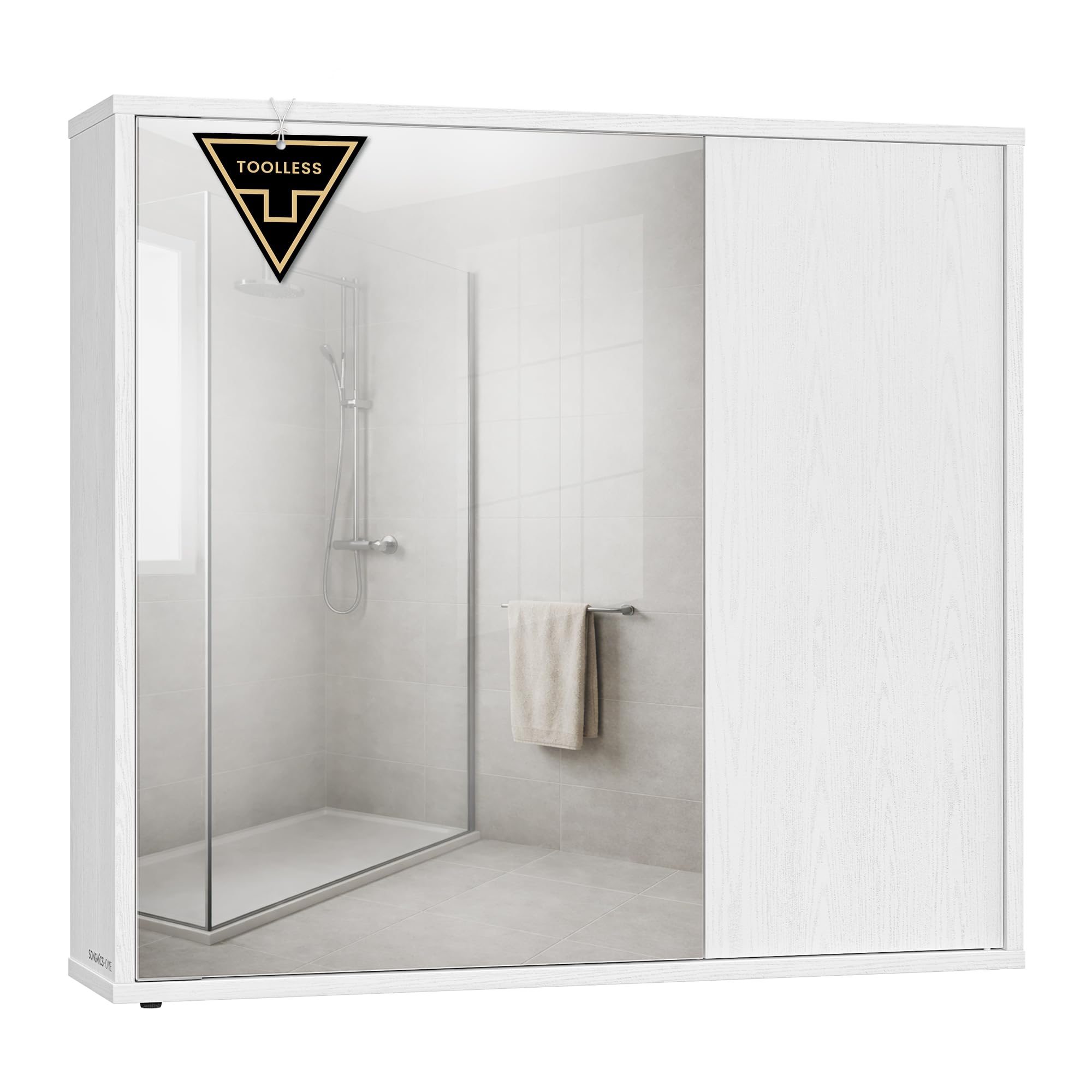 SONGMICS HOME Bathroom Mirror Cabinet, Superfast Toolless Assembly, Bathroom Mirror with Storage, Adjustable Shelves, and Doors, Modern, 15 x 60 x 55 cm, Snow White BBC114WE01