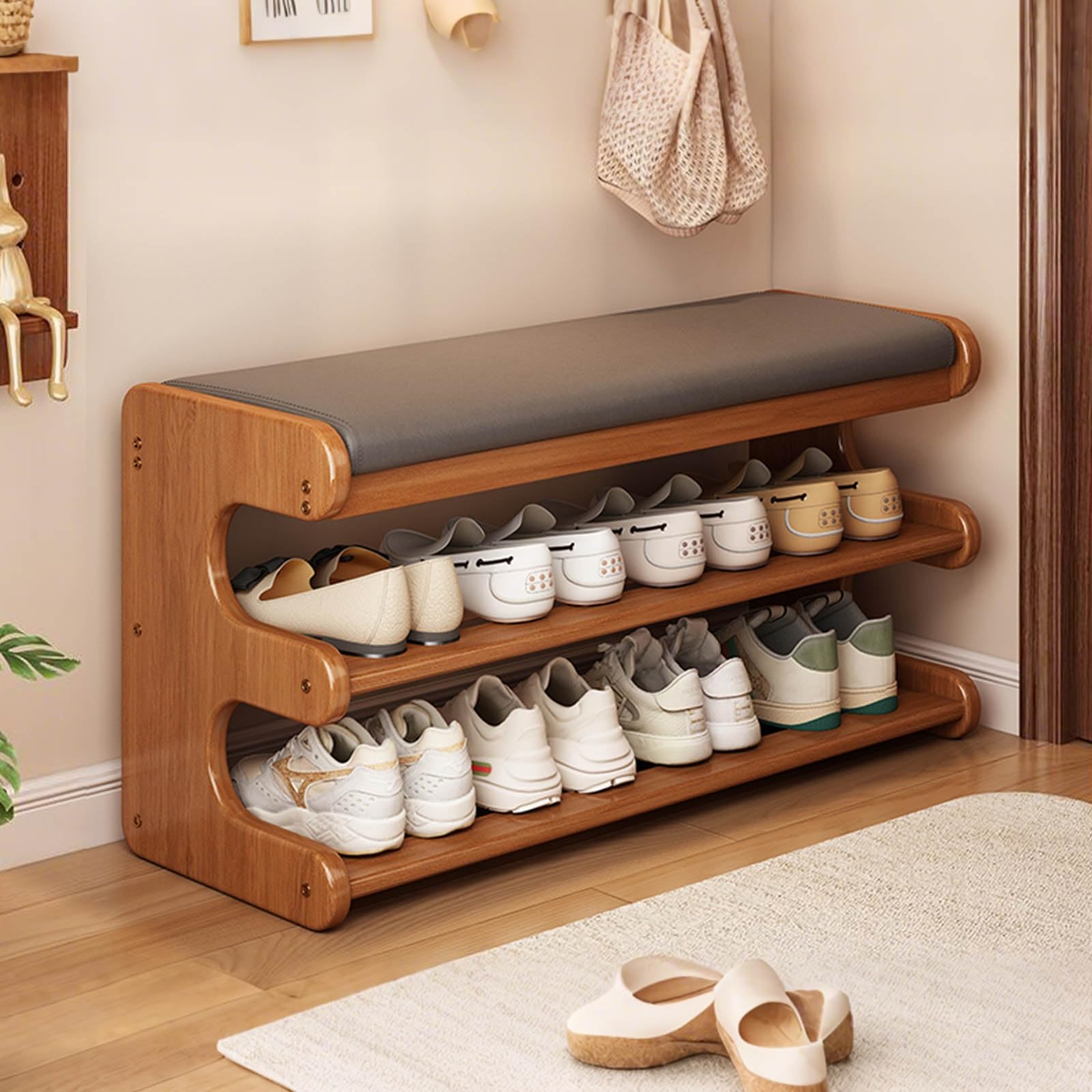 Banc de rangement pour entrée en noir élégant de 55 cm avec étagère à chaussures à deux niveaux