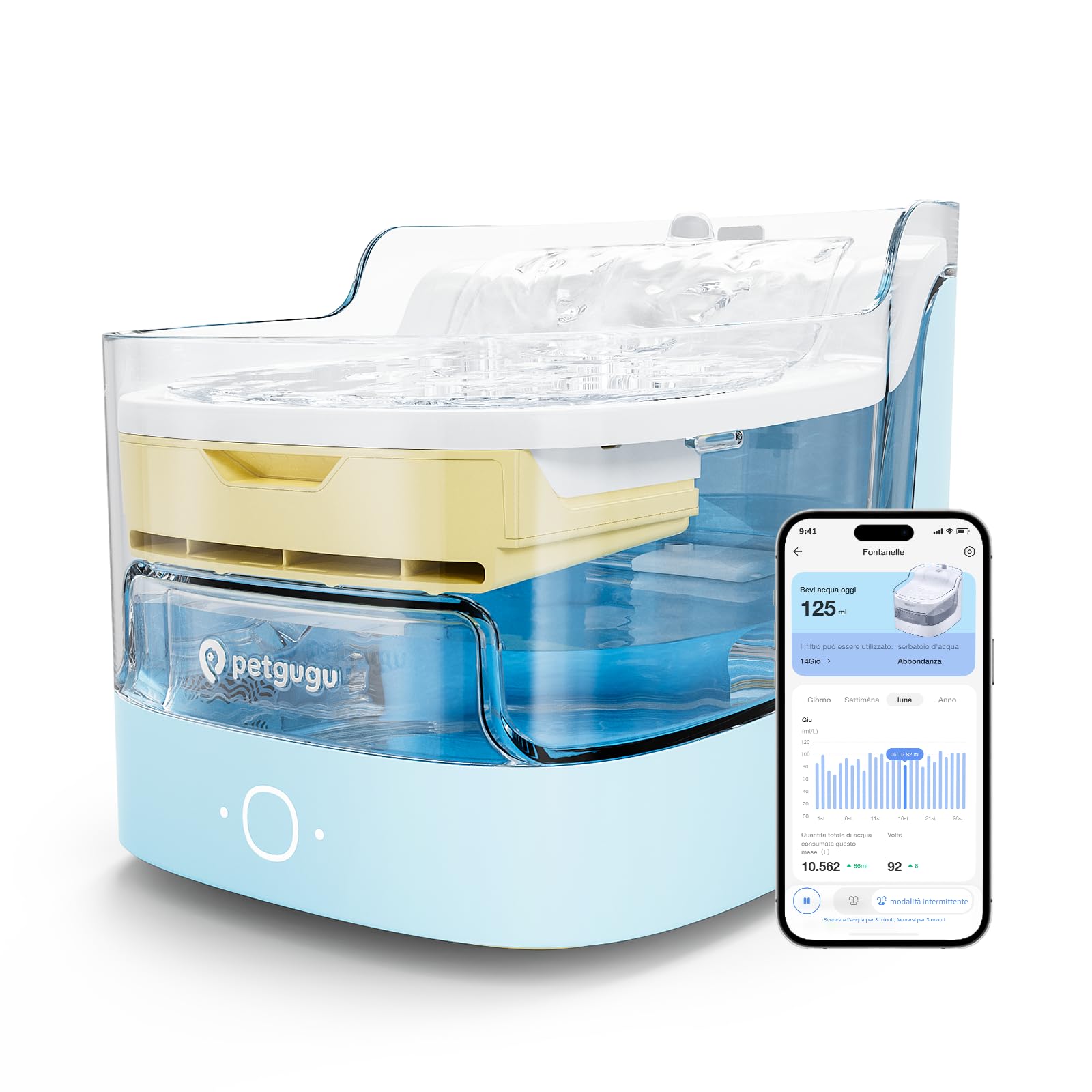 PETGUGU Fontanella per Gatti Intelligente con Monitoraggio dell’Acqua e Report AI, Fontana per Gatti y Cani con Filtro a 8 Strati, Pompa Senza Fili Silenziosa <20 dB, Sensore di Movimento 50cm