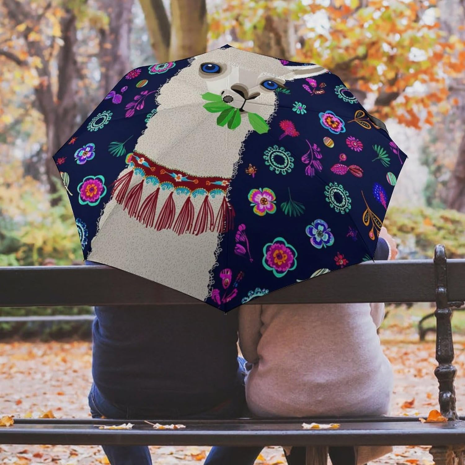 Llama Alpaca Flower Leaves Art Travel Sun & Rain Windproof Umbrella, Lightweight Portable Compact Travel Auto Folding Umbrella Golf Umbrellas for Women Men