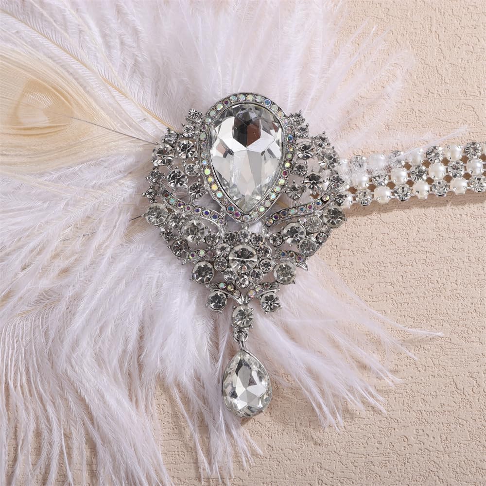 Aimimier Bridal 1920s Flapper White Feather Headband with Waterdrop Crystal Pendant Rhinestone Head Chain Roaring 20s Headpiece Halloween Vintage Hair Accessories for Women - Image 6