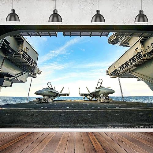 Miniatura 6 de Telón de fondo de portaaviones para decoraciones de fiesta azul marino, MEETSIOY de 10 x 7 pies, combate aéreo, tema militar, fondo para fotografía