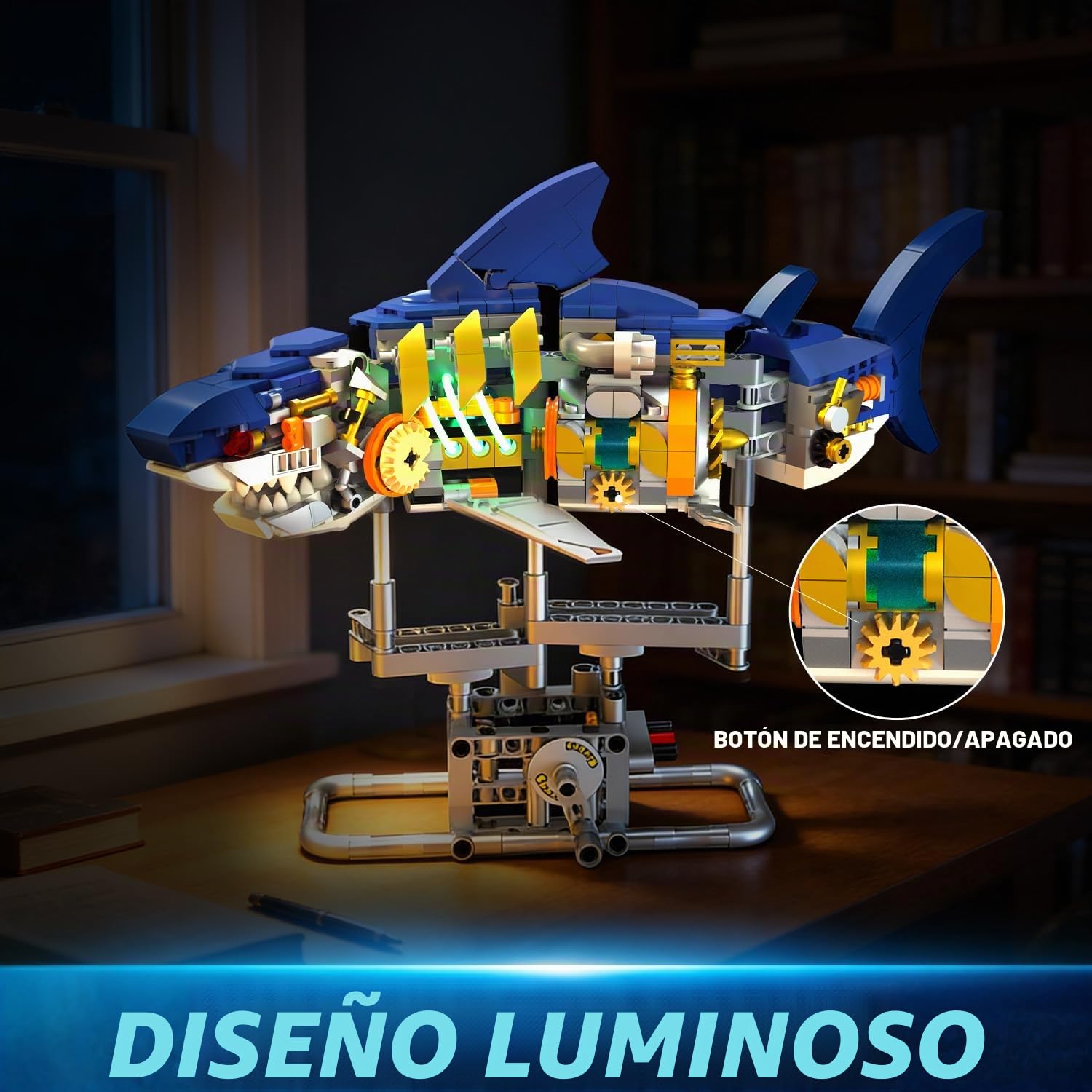 INSOON Juego de construcción de tiburón mecánico con luz LED, 687 Piezas de Animales oceánicos móviles con Soporte de exhibición, Juguete de Bloque de construcción de Peces de mar, Regalo de