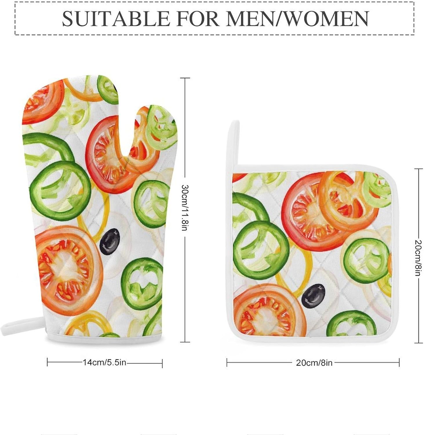 Sliced ​​Pepper Tomato Onion Oven Mitts and Pot Holders 4Pcs Set Heat Resistant Cooking Mitts Hot Pads