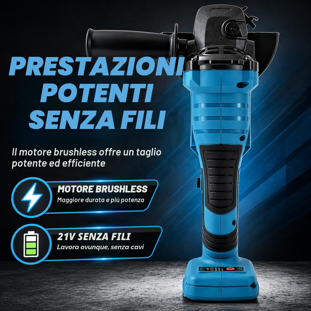 Smerigliatrice Angolare a Batteria Brushless 21V KATSU FIT-BAT, 115mm con Motore Brushless per Taglio Lucidatura Smerigliatura, 3 Velocità, Batterie non Incluse (solo Macchina) 102606