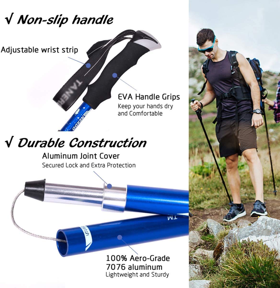 I bastoncini da trekking in lega dei prodotti outdoor sono pieghevoli, pieghevoli, regolabili, molto adatti per l'escursionismo, la camminata, lo zaino in spalla e le ciaspole