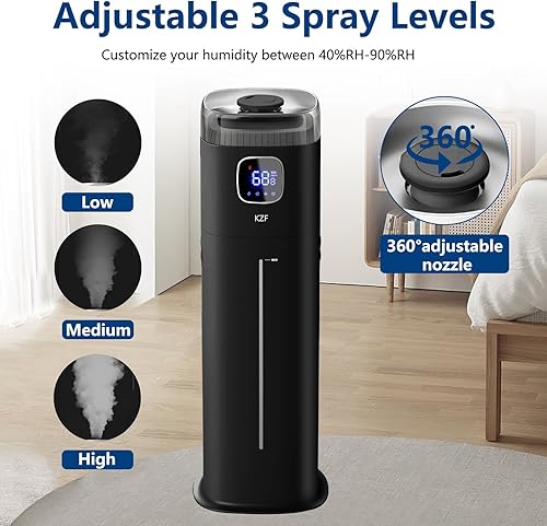 Miniatura 4 de KZF Humidificador grande para dormitorio, humidificador ultrasónico de niebla fría de 9L2.5 galones con humidistato, boquilla de 360, nivel de
