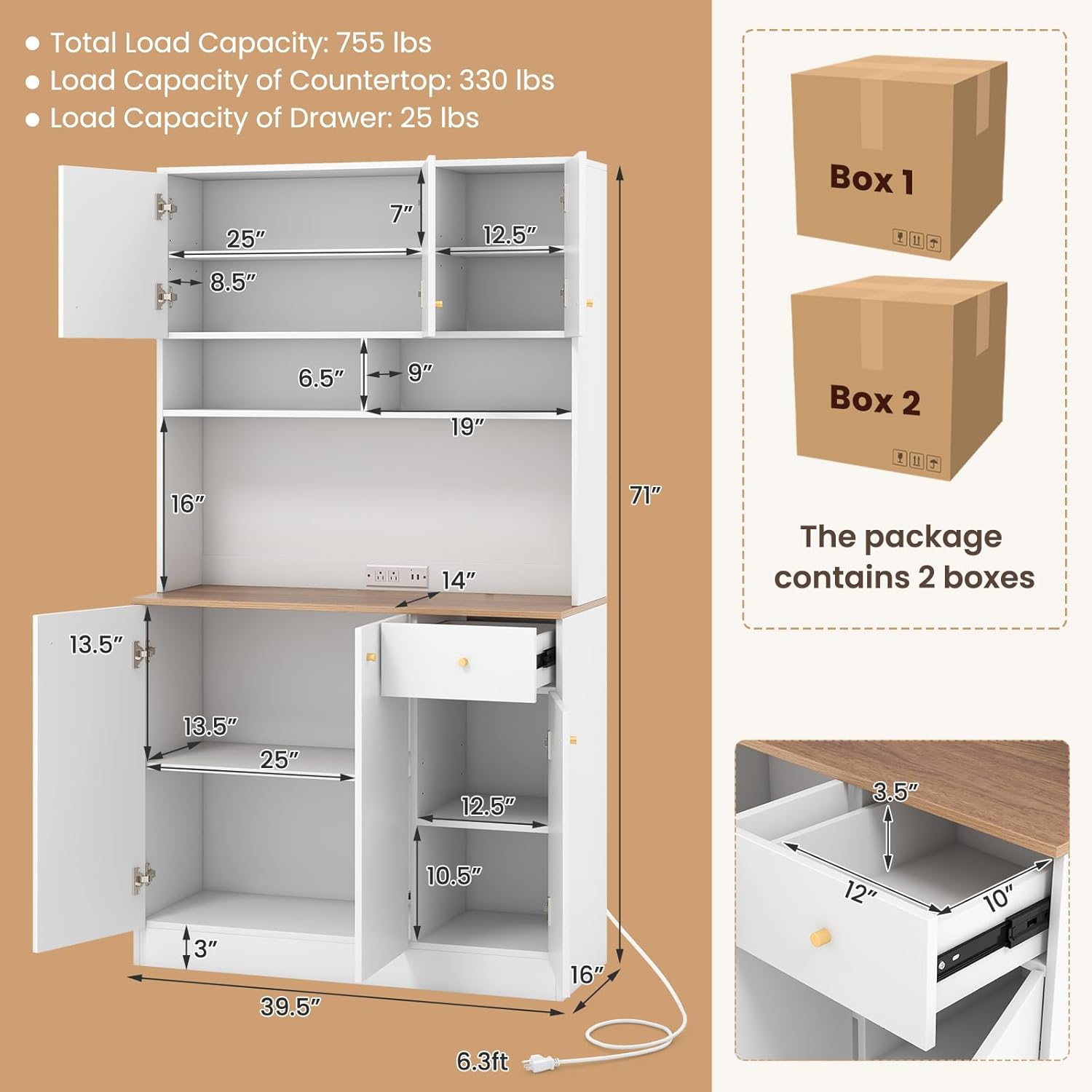 Giantex Kitchen Pantry Cabinet, 71” Tall Buffet Cabinet with Hutch, Built-in Power Outlet, 6 Doors Storage Cabinets, Drawer, Adjustable Shelves, Standing Cupboard for Dining Room Living Room (White)