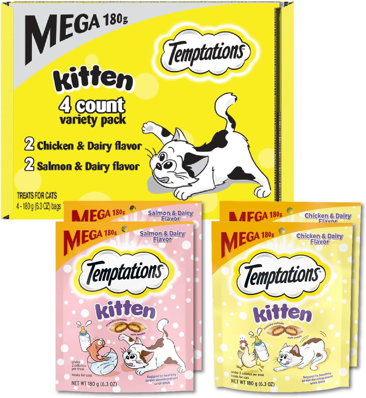 Kitten Treats Classic Crunchy and Soft Cat Treats Variety Pack, 6.3 oz. Pouches (Pack of 4)