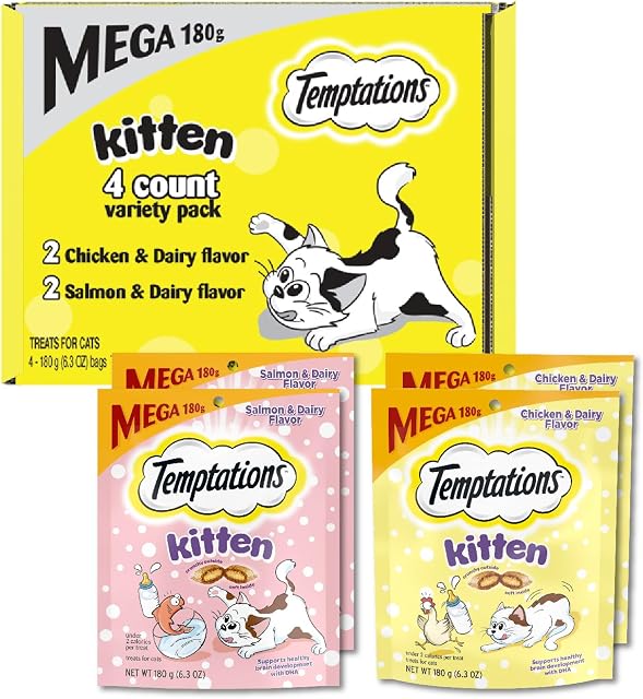 Temptations Kitten Treats Classic Crunchy and Soft Cat Treats Variety Pack, 6.3 oz. Pouches (Pack of 4) | Supports kitten growth & development, DHA for healthy brain, under 2 calories per treat, resealable pouches, crunchy & soft