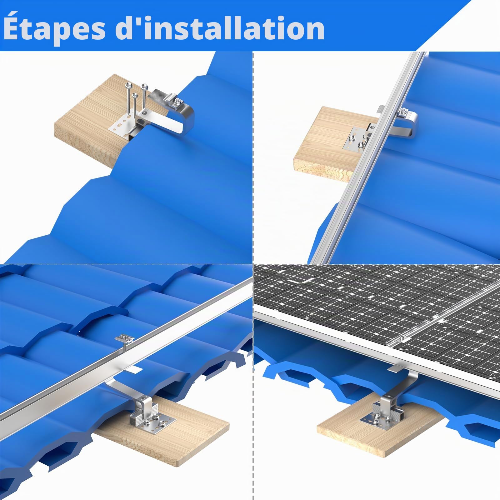 Lot de 2 supports de toit pour panneaux solaires, support solaire pour toit en tuiles, crochets de toit – Avec profil solaire en aluminium, kit de montage réglable, jusqu'à 120 cm de largeur par