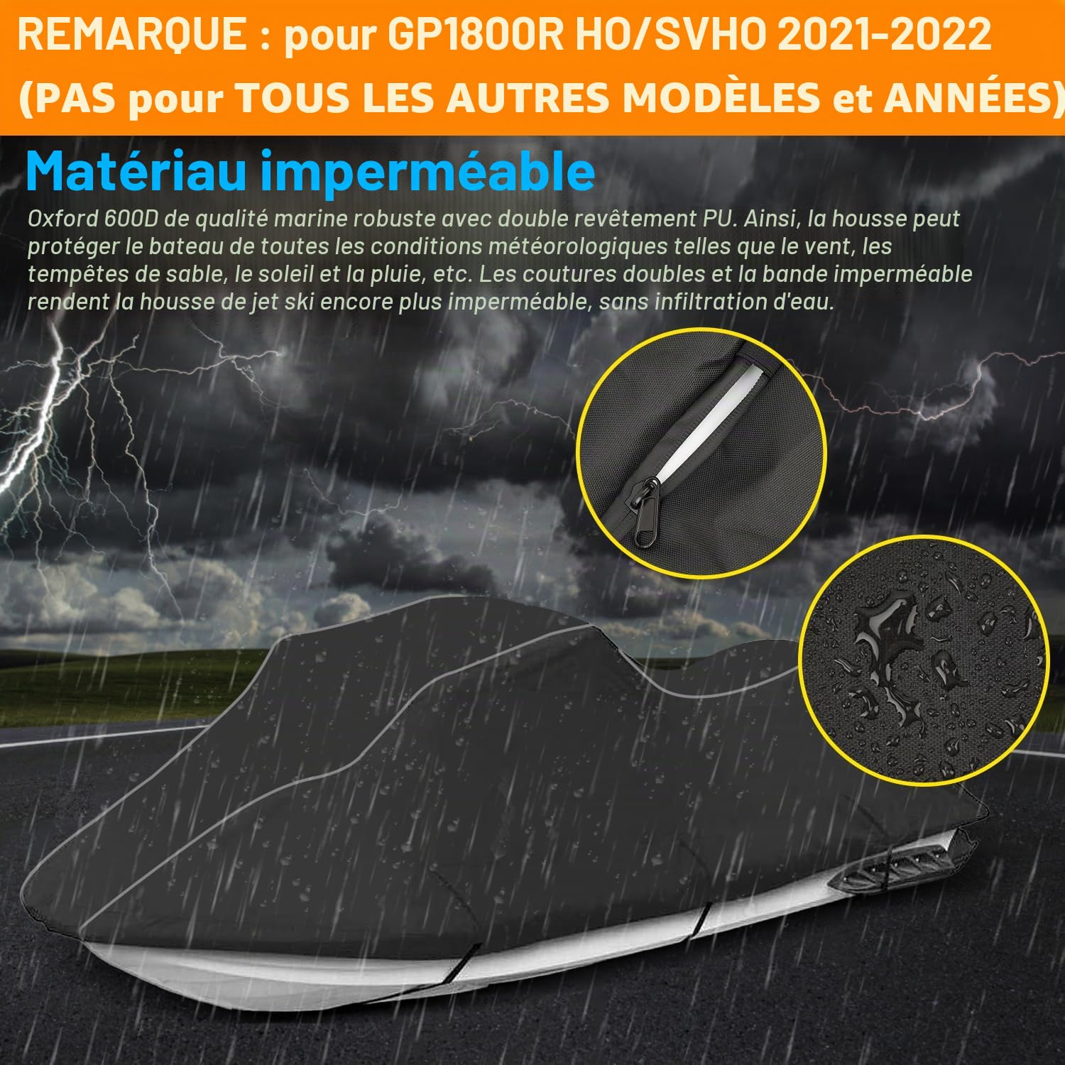 Housse de Jet Ski Compatible avec Yamaha Wave Runner GP1800R modèles 2021-2023 avec Protection UV 600D Oxford et Fermeture éclair étanche.