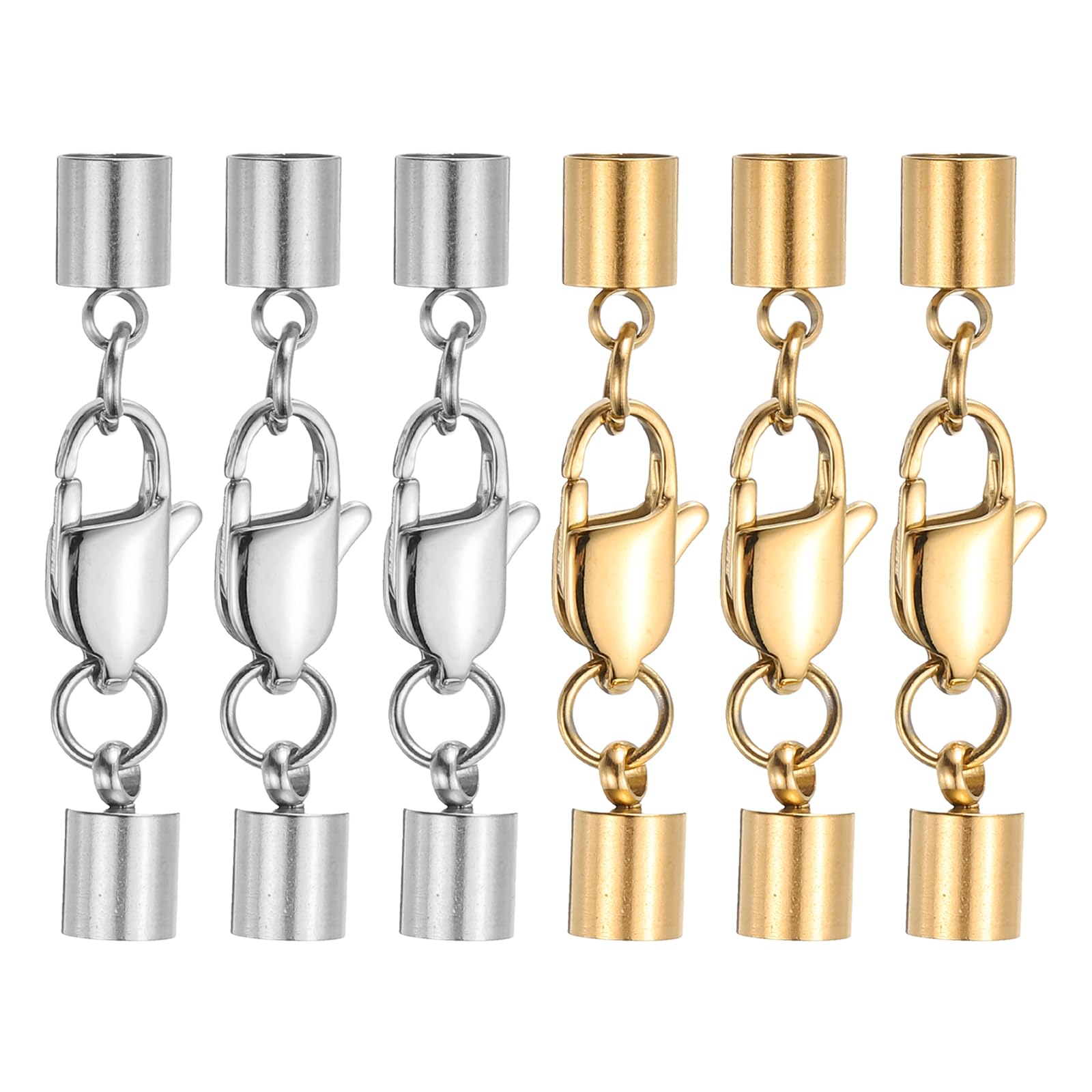 sourcing map 6Set 4.5mm Leather Cord End Cap with Lobster Clasp Silver/Gold