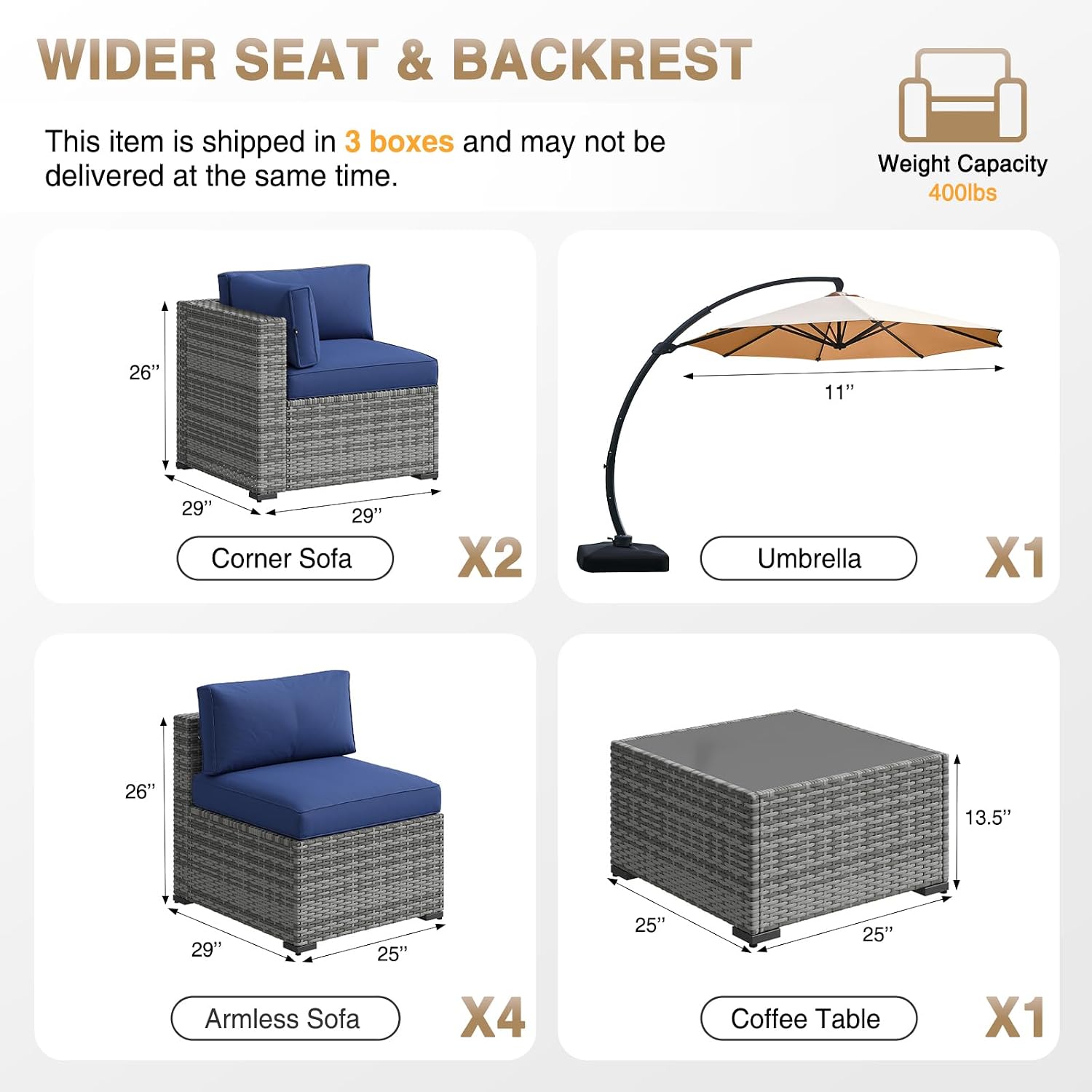 Aoxun Patio Furniture Sets, 8-Piece Outdoor Patio Furniture with 11FT X 11FT Cantilever Umbrella, Wicker Outdoor Conversation Set Sectional Sofa for Backyard, Poolside, Garden
