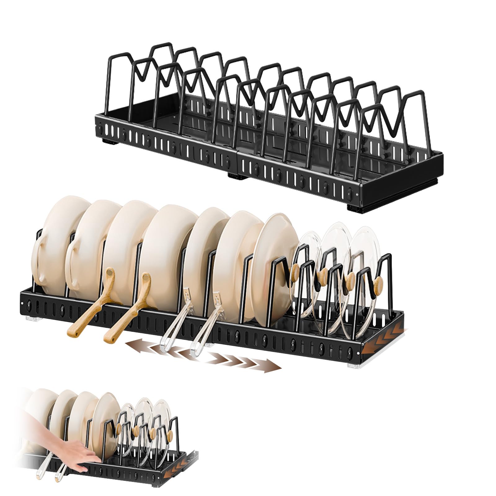 Upgrade Deckelregal für Topfdeckel – erweiterbarer Pfannen-Organizer für Schrank, Topfdeckel-Halter mit verstellbarem Fach für Küchenschrank, Kochgeschirr, Backen, Bratrost (schwarz, (43,5 bis 78) x