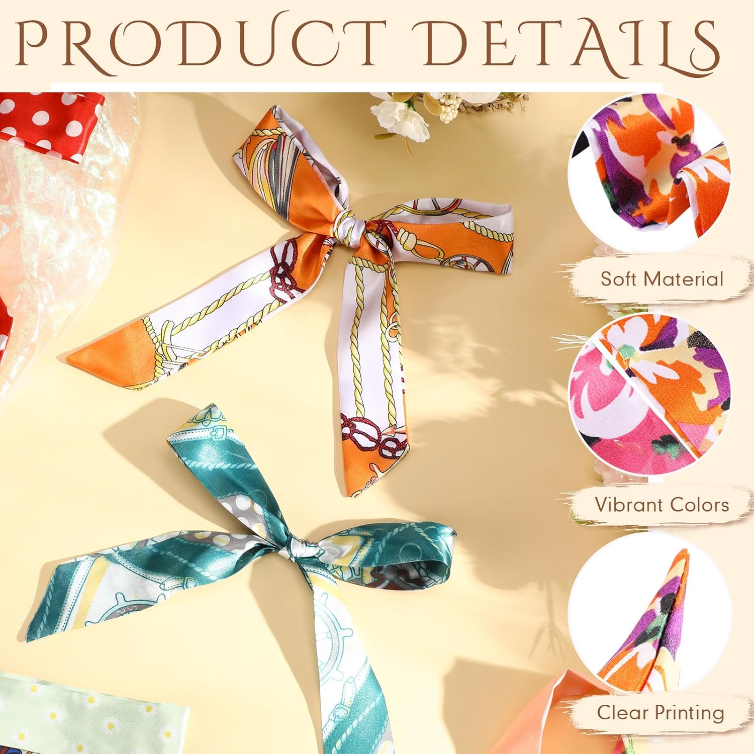 Handepo 60 Pcs Women Handbag Head Scarf for Women Hair Purse Scarf Handle Ribbon Satin Head Neckerchief Silk Headband