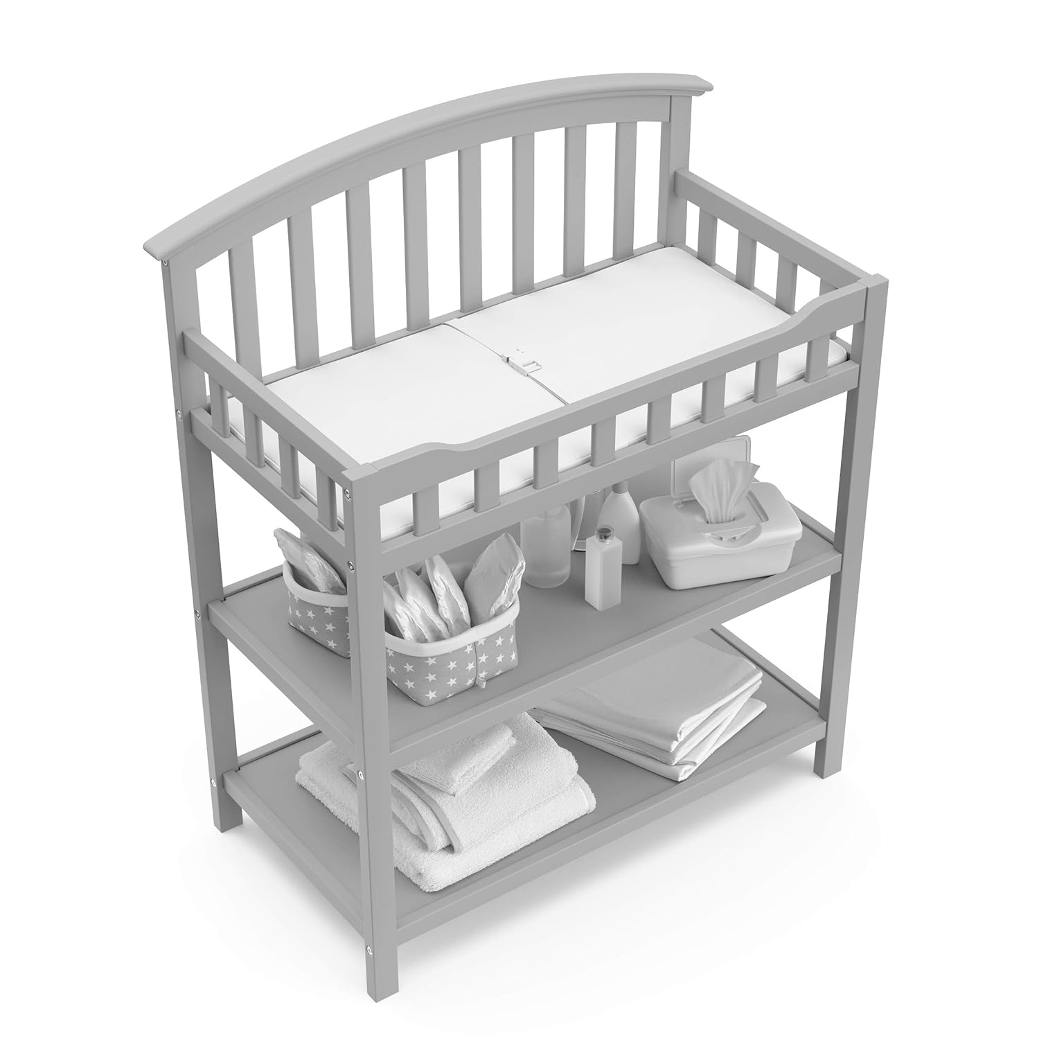 Top-down view of Graco Changing Table with changing pad and organized items