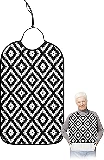 Kewadony Adult Bibs for Elderly Women - Black Geometric Waterproof Dining Clothing Protectors with Crumb Catcher for Eating/Feeding, White Block Modern Abstract Art Terry Cloth Bib Machine Washable