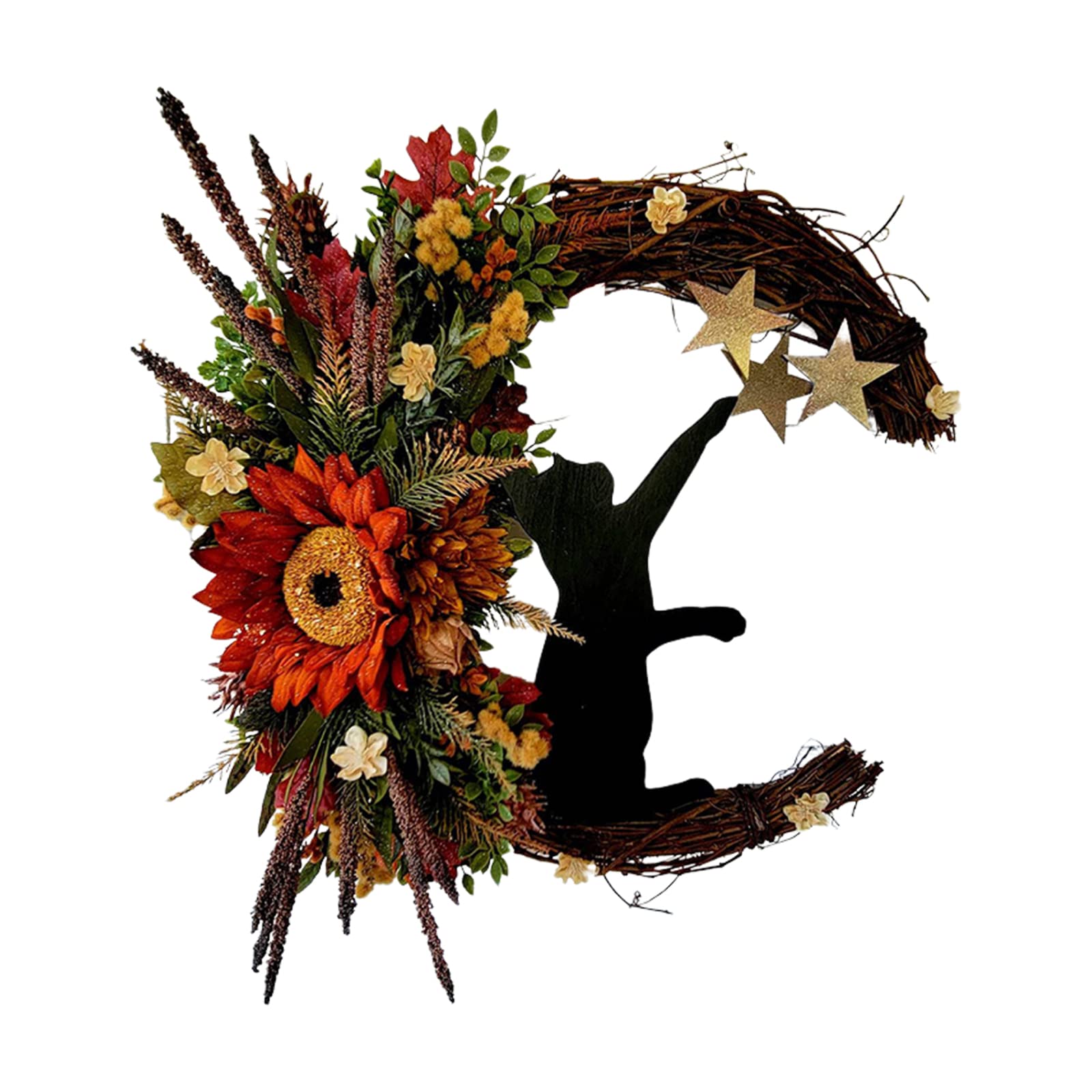Bestalice Black E Halloween Wreaths For Front Door, 12 Inch Halloween Moon Cat Garland With Rose, Black Decorations Halloween Garland, Gothic Rose Moon Cat Wreath
