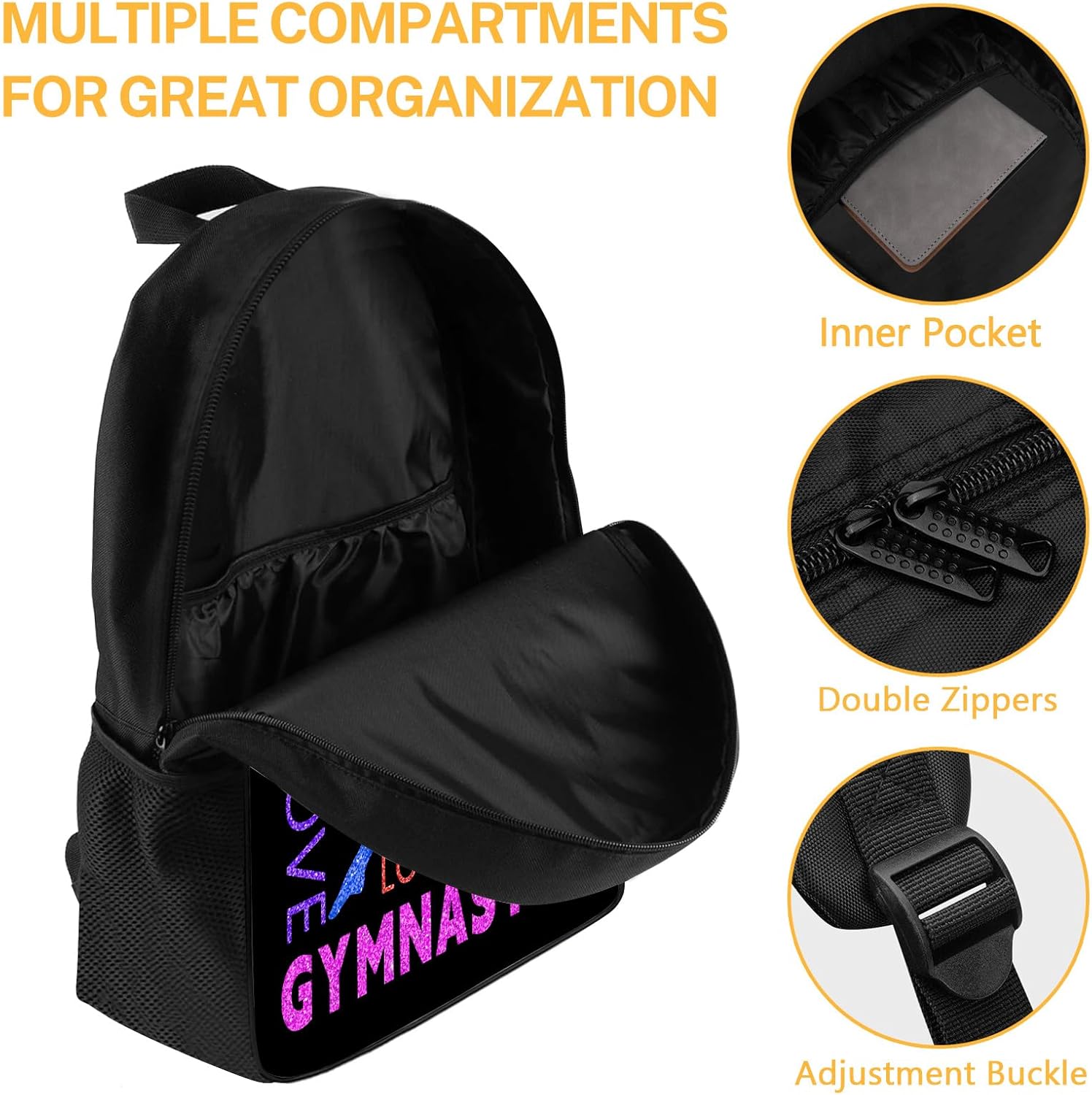 Gymnastics Backpack, Gymnastics Backpack for Girls Women, Colorful Love Gymnast on Black Bookbag, Funny Water Resistant Lightweight School Laptop Bags Casual Travel Daypack 17"