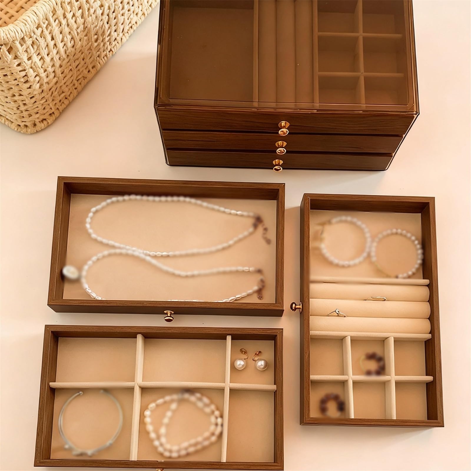 Soporte de joyería Cajón multicapa del joyero grano de madera nogal