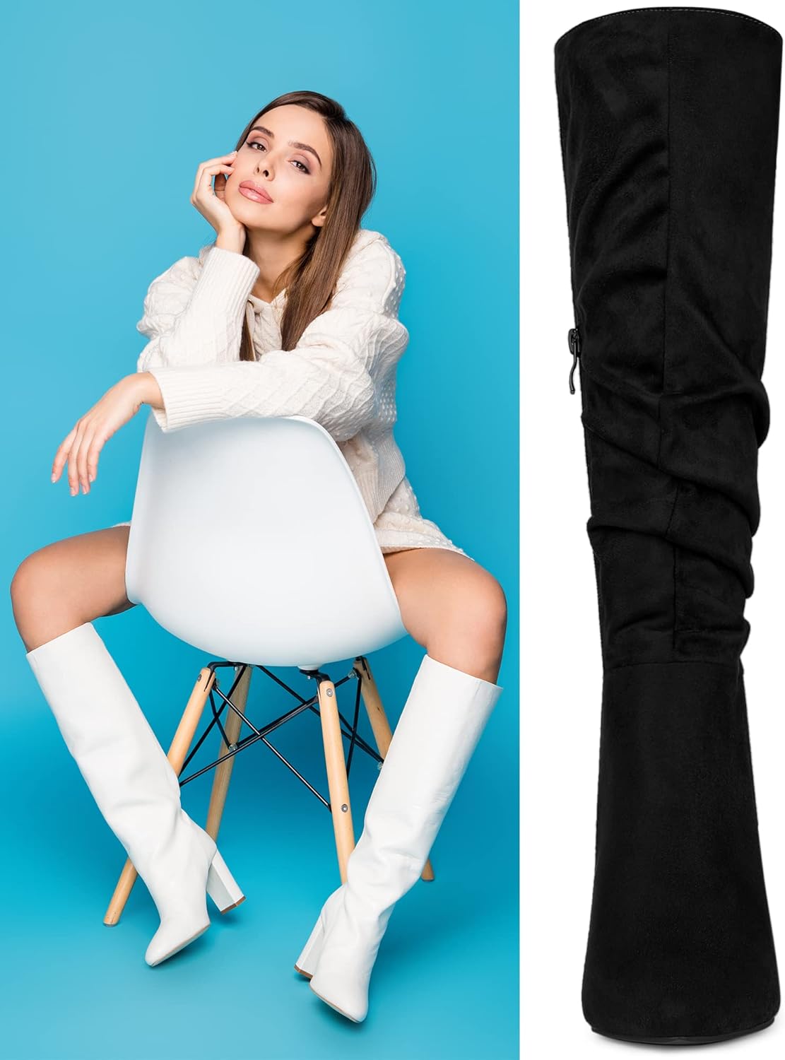 Allegra K Women's Slouch Pointed Toe Chunky Heel Knee High Boots - Image 2