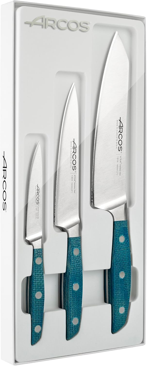 Arcos Ktichen Knife Set 3 Pieces Forged Stainless Steel. Impress and Surprise with every cut. Blue Micarta Handle. Serie Brooklyn. Color Silver