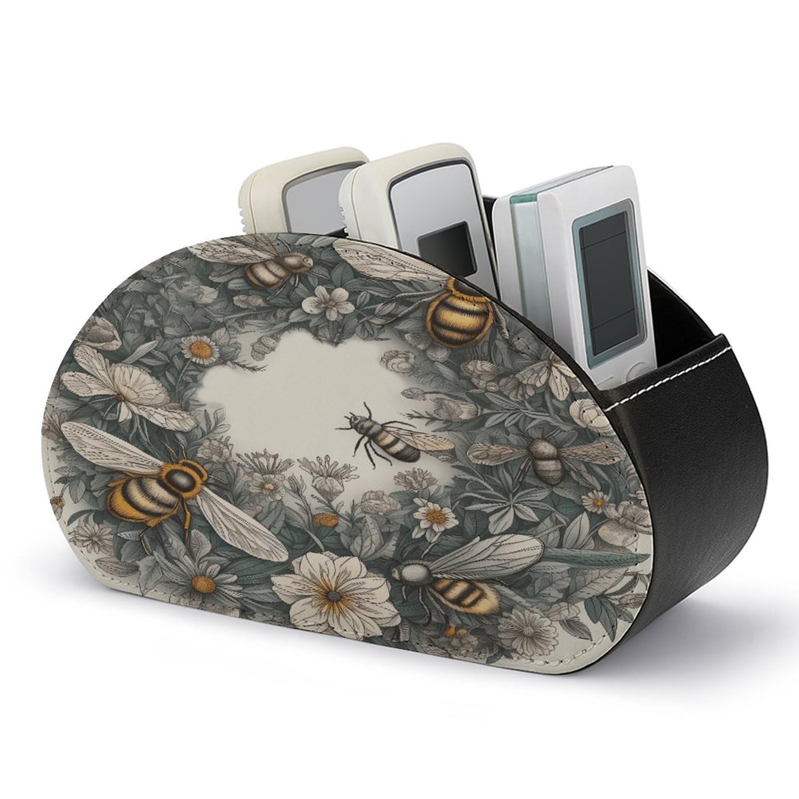 Btcowzrv Style Hand Drawn Wreath And Bee Remote Control Holder With 5 Compartments
