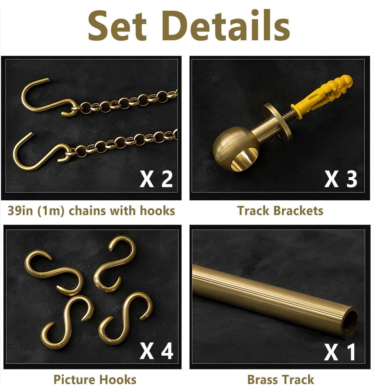 cuelga cuadros Kit de Ganchos para Cuadros en Latón para Sala, Riel Ajustable Anticorrosivo con Ganchos de Cadena, Soporte de Arte para Galería(1.2m(47") Rod)