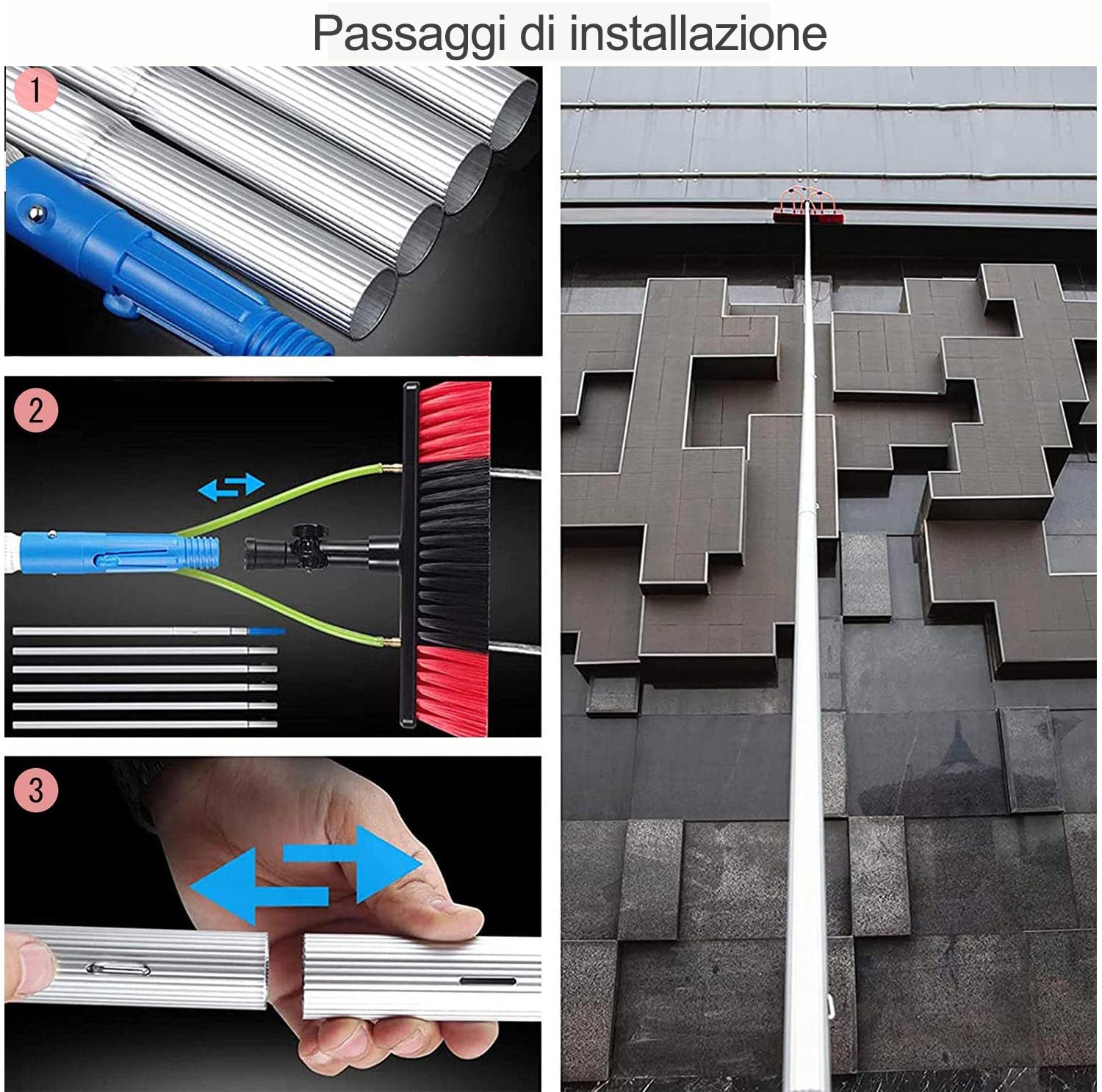 15m Strumento per la pulizia del pannello solare, asta di pulizia con spazzola, telescopica, lavaggio a spruzzo d'acqua, kit spazzola prolungata per pannelli solari fotovoltaici, tetti serre