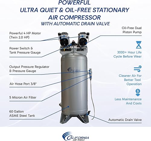 Miniatura 2 de California Air Tools CAT-60040CAD Compresor de aire ultrasilencioso y sin aceite de 4.0 HP, tanque de acero de 60 galones, nivel de ruido de 75 dBA